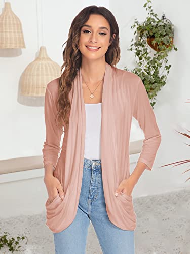 Image of Women Casual Lightweight Cardigan 3 /4 Sleeve Draped Open Front Soft Cardigans with Pockets