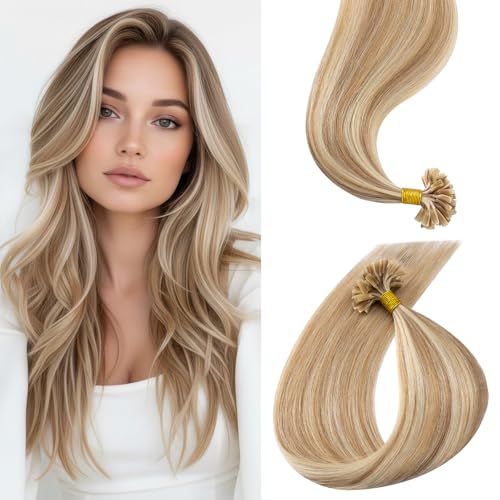 Benehair Extensions Echthaar Bondings, Haarverlangerung Keratin Bondings Echthaar, U Tip Extension 25 Strähne Pre Bonded Extensions Echt Haar, Flachsgelb/Hellgold Hot Fusion 40CM 25g #12RP613R