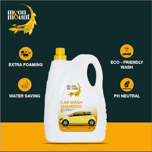 Image of Moon & Mount Car Wash Shampoo 5L | Lemon | pH 7.0 | Ceramic & PPF Safe 90%+ foam in hard water. 4-min panel cling. 160+ washes at 30ml. Foam cannon & bucket. Matte safe. Bike & SUV compatible.