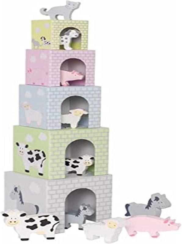 JabadabadoStackable Cubes - Animal Farm Buckets - 5 Cubes, 10 Wooden Animals, 5 Numbers - Ages 2+