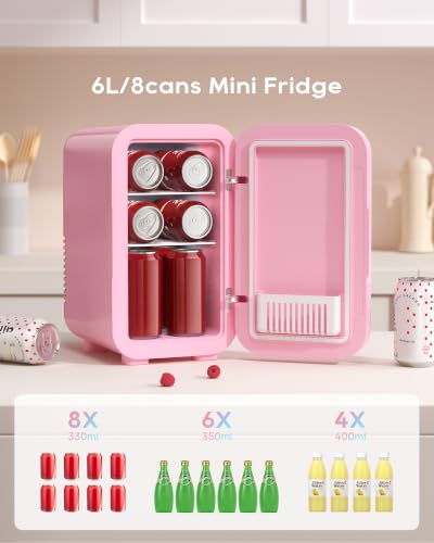 Image of BEICHEN Mini Fridge, 6 Liter /8 Can Skincare Fridge, 110V AC /DC Portable Thermoelectric Cooler & Warmer for Skin Care, Cosmetics, Beverage, Food, Great for Bedroom, Office, Dorm (Pink)