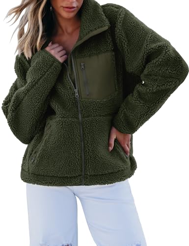luvamia Sherpa Jackets for Women Trendy Zip Up Long Sleeve Winter Fall Casual Warm Fleece Coat Jackets with Pockets Fleece Coats For Women Green Size Large Fits US 12-14