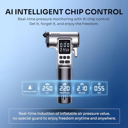 Image of Portable Cordless Car Tyre Inflator 150 PSI | Digital LCD Air Compressor with Auto Shut-Off | Emergency Light, Window Breaker & Seatbelt Cutter | Rechargeable 7.4V | For Car, Bike & Scooter