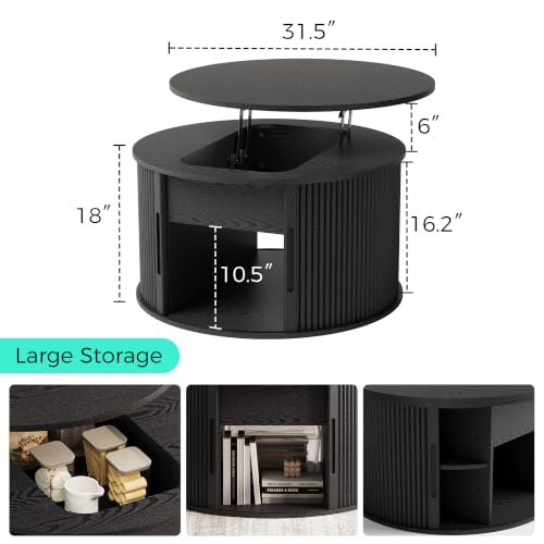 Image of LINSY Lift Top Coffee Table, Round Fluted Coffee Table with Storage, Mid Century Modern Wooden Coffee Tables with Sliding Tambour Door, 31.5 inch Center Table for Living Room, Office, Small Space, Walnut