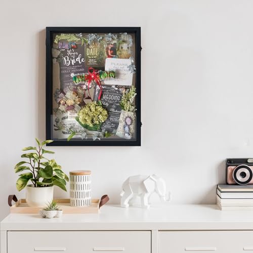 Image of GraduationMall 16x20 Wood Shadow Box Frame Glass Door Display Case with Linen Back and 6 Stick Pins,1.5 inches Interior Depth,Ideal for Memorabilia Pictures Flowers Medals Tickets Rustic Black