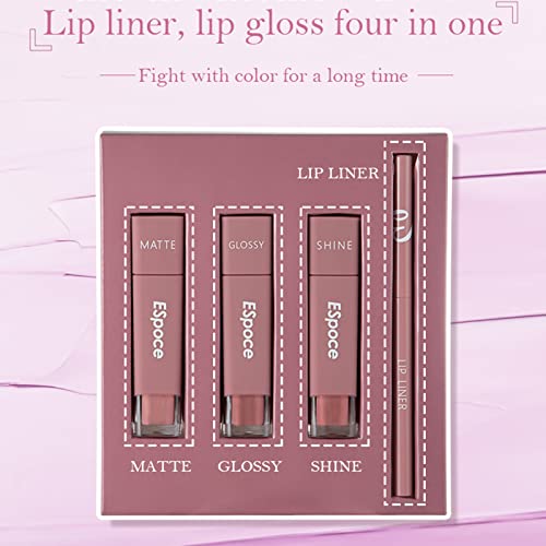Niceface 4Pcs Matte Glossy Shine Liquid Lipstick + Lip Liner Pens Set, Non-Stick Cup Not Fade Waterproof Long-Lasting Velvet Nude Lip Gloss Lipstick Lipliner Four-In-One Makeup Set #TOP2