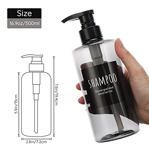 Image of Refillable Shampoo Bottles, Segbeauty 16.9oz Shampoo Dispenser, 3pcs 500ml Empty Plastic Pump Bottle for Shower, Labeled Grey Large PET Lotion Dispenser with Pump Body Soap Conditioner Hotel Bathroom