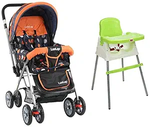 Sunshine Stroller/Pram, Easy Fold, for Newborn Baby/Kids, 0-3 Years (Orange) & Luvlap 4 in 1 Convertible High Chair Cum Booster Seat (Green)