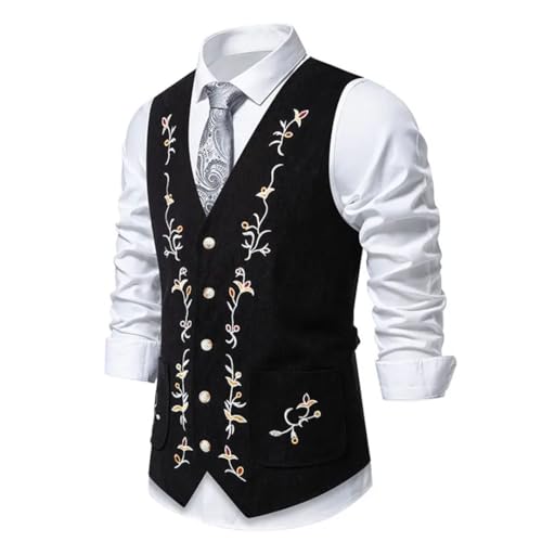 Men’S Western Corduroy Vest With Floral Embroidery Single Breasted Gothic Steampunk Dress Suit Vest4