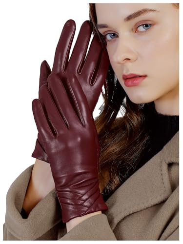 Guantes táctiles de cuero para mujer GSG con puños fruncidos antiviento