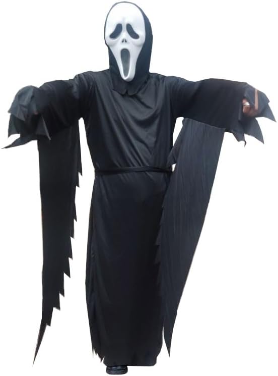 Adult Halloween Costume, Scary Grim Reaper Costume with Scream Mask for Men Women, Halloween White Face Ghost Cosplay Outfits for Horror Theme Dress Up Party, Unisex Stage Performance Costume