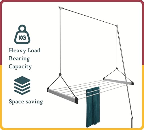 Image of Amiraj Ceiling Mounted Clothes Drying Stand | Heavy Duty Stainless Steel Ceiling Cloth Dryer | UV Protected Nylon Rope | 6 Pipes, 4 Feet | Space Saving Laundry Rack for Balcony & Indoor