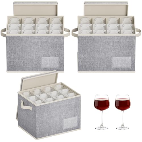 Lifewit 3 Pcs Wine Glass Storage Box with Dividers, Stackable Cationic Hard Shell Stemware Organizer...