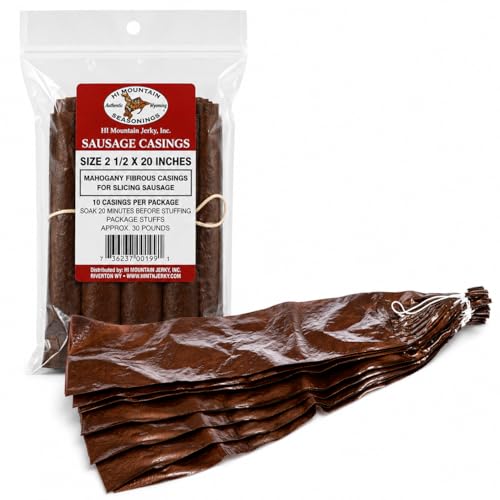 Hi Mountain SUMMER SAUSAGE CASINGS | Fibrous Mahogany Casings for Summer Sausage & Cured Meats - Salami Bologna & Pepperoni | Beef Pork Venison Deer | Creates up to 30 lbs. | 10-Pack 2.5 x 20