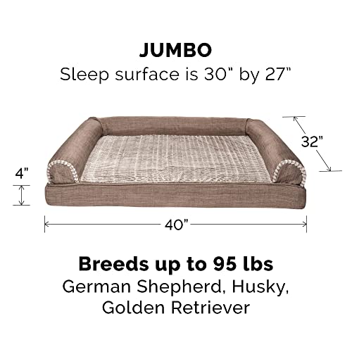 Furhaven Orthopedic Dog Bed For Large Dogs W/ Removable Bolsters & Washable Cover, For Dogs Up To 95 Lbs - Luxe Faux Fur & Performance Linen Sofa - Woodsmoke, Jumbo/Xl #TOP1