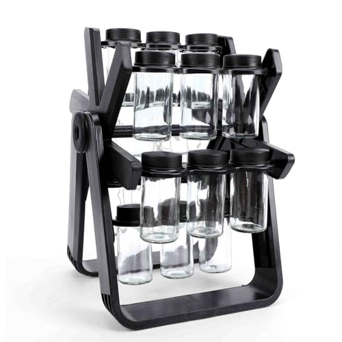 Riuulity Organizer per Carosello di Spezie in Vetro da 18 Barattoli, Portaspezie Girevole a 360° con Etichette e Imbuto, Organizer da Bancone della, Portaspezie Preparazione