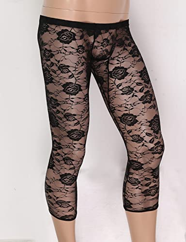 Mens Sissy Sheer Floral Lace Low Rise Bulge Pouch Footless Legging Pants Tight Trousers3