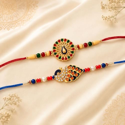 Image of DeoDap Rakhi with Chocolate for Brother - Peacock Design Colorful Rakhi 2 Pc with Choco Magic Chocolate 96 Gm, Greeting Card, Silver Color Coin & Tilak Set - Traditional Raksha Bandhan Combo Pack