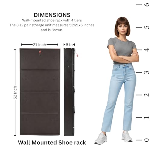 Image of 4 Door Wall Mounted Metal Shoe Rack Cabinet with Lock | Space Saving Shoe Storage Cabinet | Dustproof & Ventilated Shoe Organizer for Home, Entryway, Bedroom & Balcony | Brown | 52 x 21 x 6 Inch
