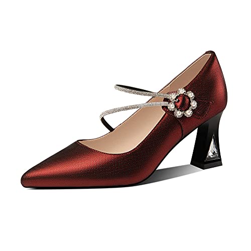 TinaCus Women's Pointed Toe Genuine Leather Handmade Flower Buckle Mid Chunky Heels Graceful Pumps Shoes