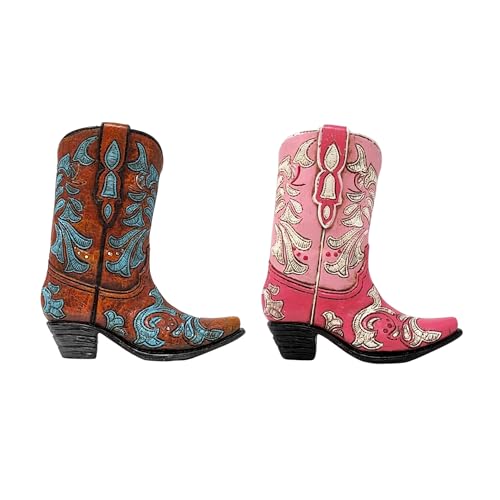 AMAJY Mini Cowboy Boot 2-Color Set – Resin Decorative Faux Leather Boot Figurines as Small Vase, Rustic Tabletop Décor, and Western-Style Accents – Charming Home Decoration for Country Lovers