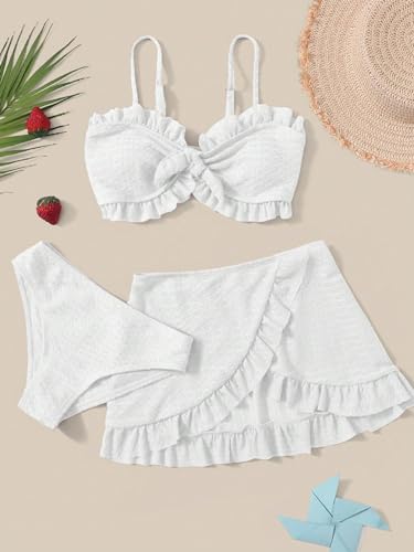 Image of SHENHE Girl's 3 Piece Cute High Waisted Ruffle Trim Swimsuit Bikini Sets with Beach Skirt