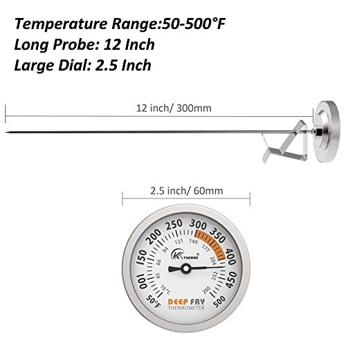 Kt Thermo Deep Fry Candy Thermometer With Stainless Steel 2.5 Inch Dial Thermometer And 12" Probe Meat Cooking Thermometer,Best For Turkey,Bbq,Grill (White Dial) #TOP2