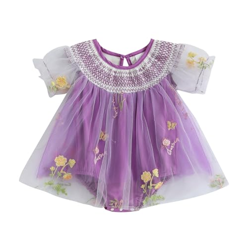 Geagodelia Vestido mameluco bebé Body Flor Bordado Mono Falda Tul Vestido de Princesa A Line Pageant Bautizo Boda Cumpleaños Fiesta, violeta, 0- 3 meses