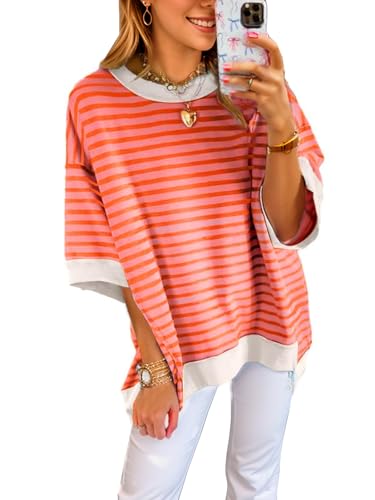 Oversized T Shirts for Women Casual Short Sleeve Striped Knit Shirt Crewneck Sweatshirts High Low Loose Blouse Tops