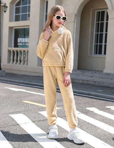 Image of Shallmu Girls Fuzzy Bear Ear Plaid Hoodie Pullover Sweatshirt with Pocket Sweatpants Fall Winter 2 Piece Outfits