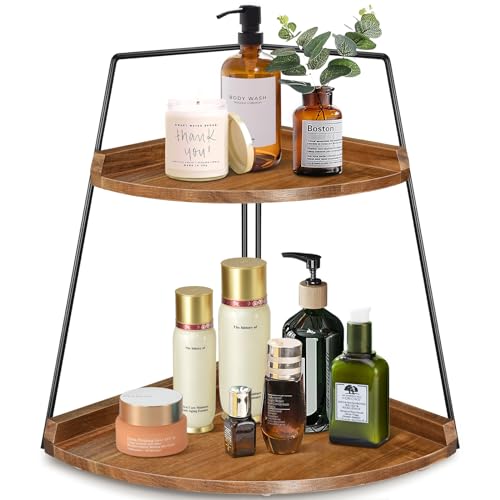 PICKKROSS Acacia 2 Tier Bathroom Counter Organizer, Wood Bathroom Organizer Countertop, Corner Storage Shelf Counter Standing Rack, Cosmetic Vanity Tray Kitchen Spice Rack, Bathroom Decor