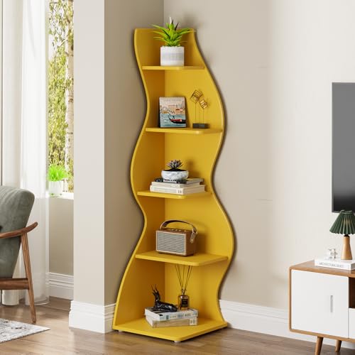 Image of Tribesigns Corner Shelf, Modern 5-Tier Wall Corner Bookshelf, Stylish Corner Small Bookcase Storage Rack Plant Stand with Unique Shape for Living Room, Home Office (Yellow, 1PC)