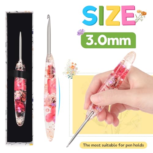 Image of Katech 3.0mm Crochet Hook for Arthritic Hands,Hand-Polished Stainless Steel | Ergonomic Crochet Hooks with Customized Sparkle Dried Floral Grip, Smooth Tapered Hook-Crochet Gift for Beginner & Crocheter