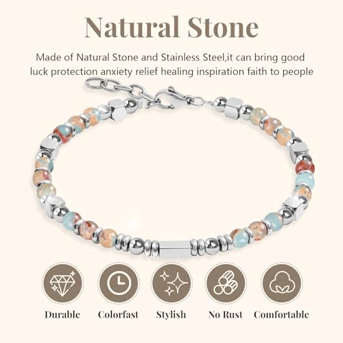 Adjustable Stackable Beaded Bracelets for Women Teen Girls Ladies Two Tone Stainless Steel Natural Stone Womens Boho Bead Bracelet Waterproof Fashion Handmade Bestie Mother Daughter Auntie Best Friends Grandma Granddaughter Sister Link Bracelets for Women Happy Birthday Graduation4