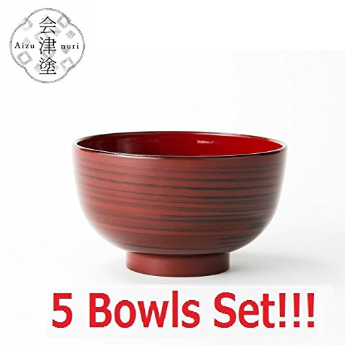 [5 Bowls Set] Asahi Kyouyou Japanese Red with Black Stripes Bowls Set for Rice,Soup etc...