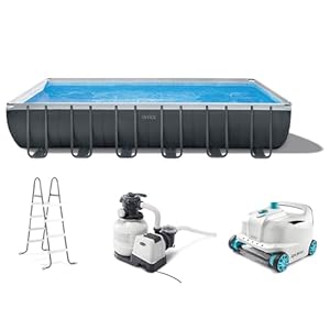 Intex 24ft x 12ft x 52in Ultra XTR Frame Rectangular Swimming Pool Set with Sand Filter Pump Ladder Ground Cloth Cover and Robot Vacuum