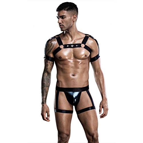 QWERTYUIOP Costume De Lingerie éRotique Sexy pour Hommes, Harnais De Muscle De Poitrine D'éPaule éLastique Et Culotte De Jambe De Cravate (Noir)