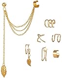 7 pcs Women's Simple Punk Rock Leaf Iron Chain Tassel Dangle Ear Cuff Warp Earring Non Pierced Carti