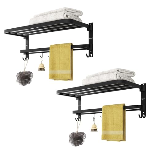 Image of GRIVAN Premium Stainless Steel 24 Inch Foldable Towel Rack Stand for Bathroom, Towel Holder in Bathroom with Hooks and Hanger (Black Matte, Pack of 2)