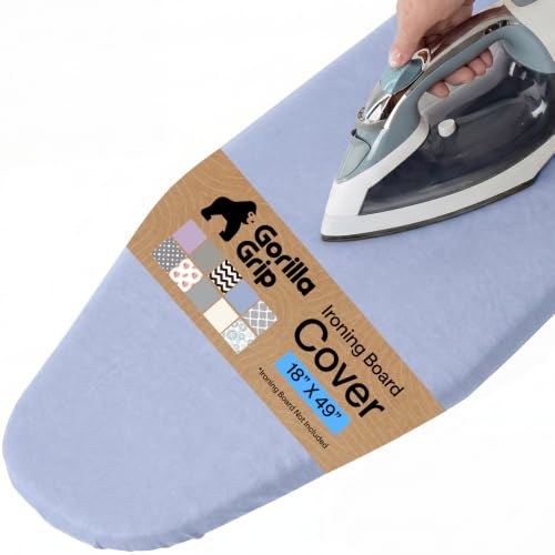 Image of GORILLA GRIP Ironing Board Cover, Silicone Coating, 400F Scorch and Stain Resistant with Thick Padding, Fits Over Wide Boards, Heavy Duty Hook and Loop Fastener Strap, Blue 18x49