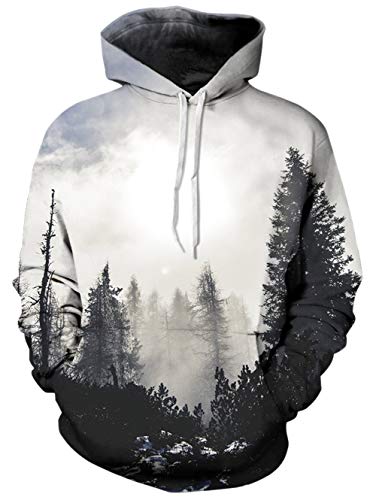 Unisex Graphic Hoodies Women Men Grey Hooded Sweatshirts Grey Trippy Forest Tree Print Home Casual Outwear Pullover Hoodie Coat for Man Male Gay Guy Bro XX-Large