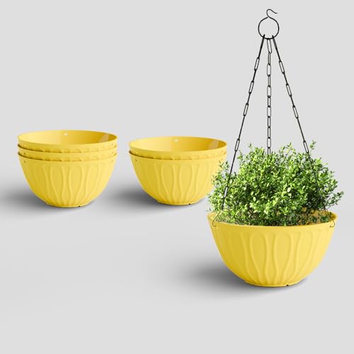 Image of YUCCABE ITALIA SHERA Hanging Wave 8 Inch Plastic Flower Pot for Plant Pack of 6 Pcs Round Shape Hanging Pot for Balcony Railing Planters for Indoor and Outdoor Garden (Yellow)