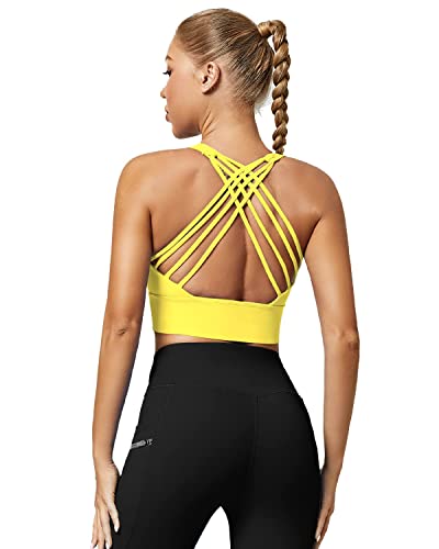 Queenieke Strappy Sports Bras For Women, Padded Yoga Bra Criss-Cross Back Longline Workout Tank Tops Size L Color Lemon Yellow #TOP5