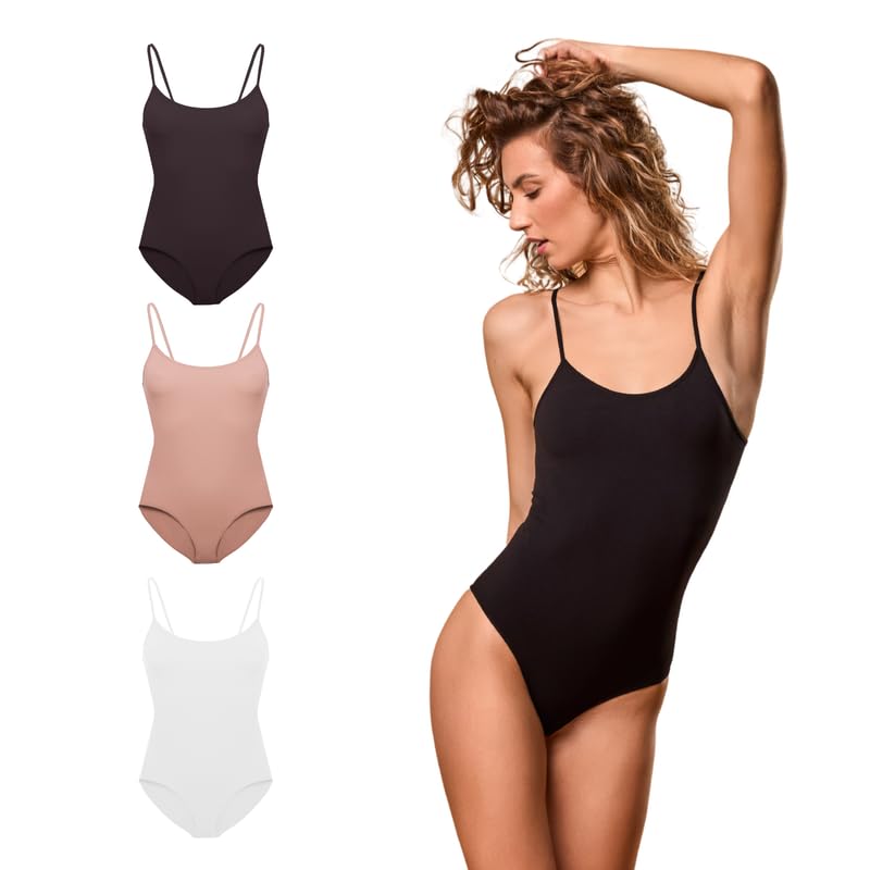 FOCENZA Set 3 Pezzi Body Donna in Morbida Microfibra Elasticizzata con Spalline Sottili, Intimo Donna Confortevole ed Elastico in Vari Colori, Made in Italy
