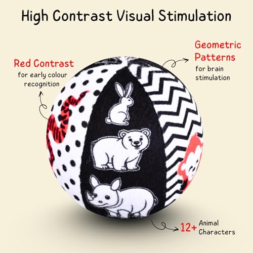 Image of Seraphina High Contrast Sensory Toy Soft Ball for Babies & Infants - Newborn Visual Stimulation, 14 Flash Card Like Animals | Observation Skills, Gifts for 0 to 18 Months, Black and White