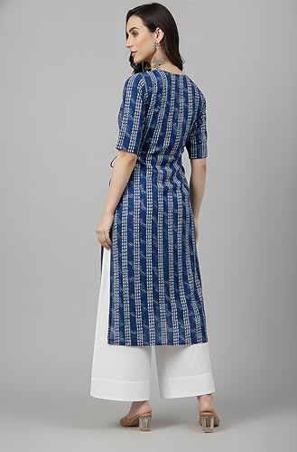 Image of Janasya Women's Navy Blue Pure Cotton Geometric Straight Kurta
