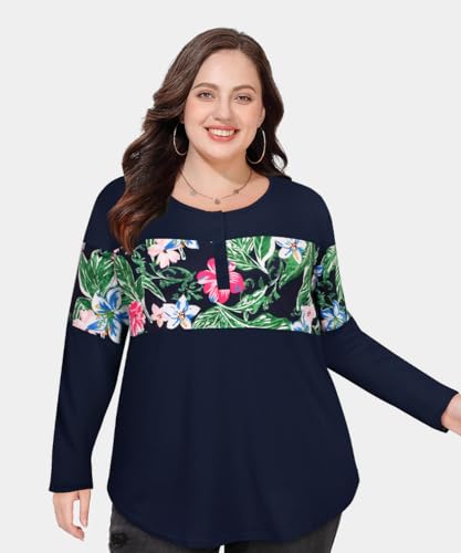 Image of CARCOS Plus Size Tops for Women Long Sleeve Fall Tunic Color Block Camo /Plaid /Leopard /Fall Blouse Crewneck Tshirt XL-5XL