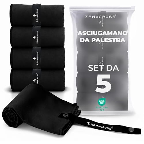 Zenacross Asciugamano Microfibra Set da 5, 40x77 cm - Telo Palestra Asciugatura Rapida e Assorbente - Gym Towel per Palestra - Nero