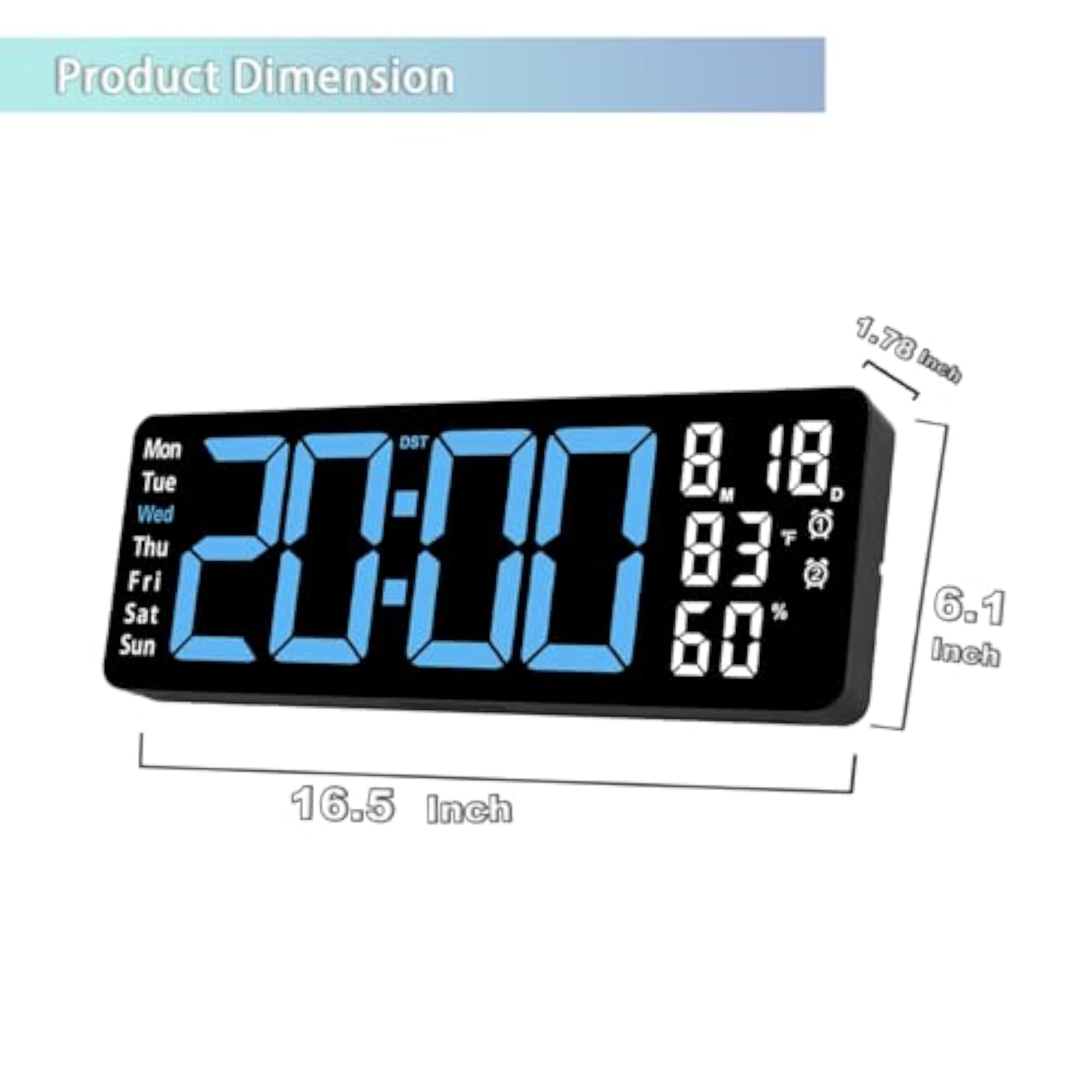 17.5 Inch Blue LED Digital Wall Clock with Ambient Light Colors