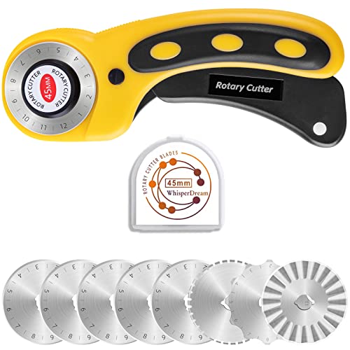 Whisperdream 45Mm Rotary Cutter - Yellow Rotary Cutter With Ergonomic Safety Design - 8 Extra Replacement Blades Included, 45Mm Rotary Cutter Great For Sewing, Quilting Supplies, Fabric And Crafts #TOP6